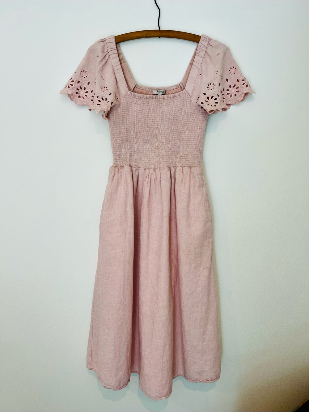 Madewell Linen Blend Eyelet Sleeve Midi Dress with Pockets XS